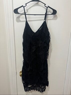 EXPRESS Black Lace Slip Dress with Scalloped Hem